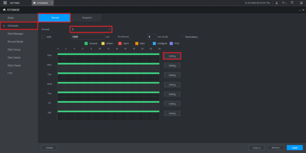 pianifica la configurazione motion detection su NVR Dahua