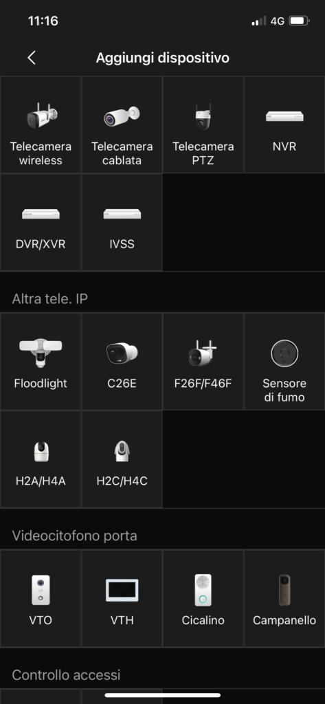 seleziona dispositivo per Aggiungere nvr xvr dahua su App DMSS